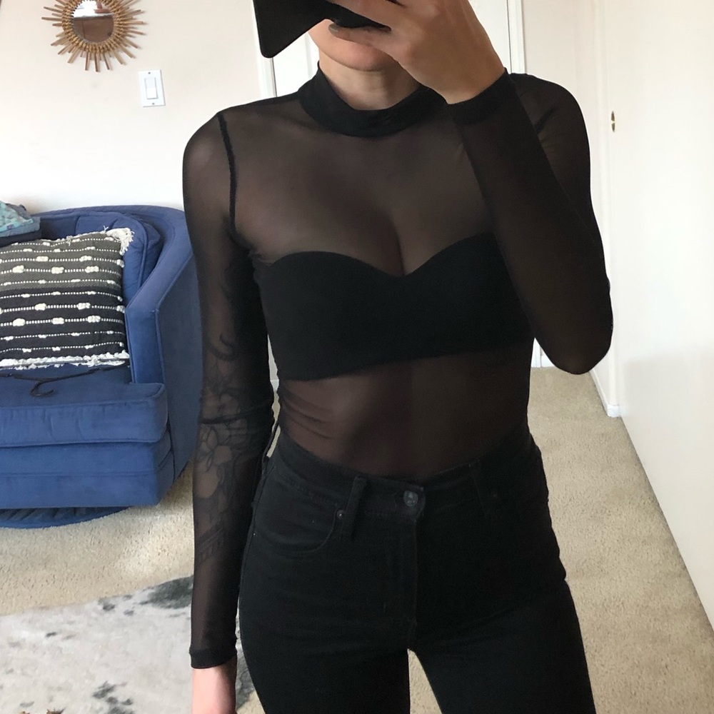 Black long sleeved mesh bodysuit